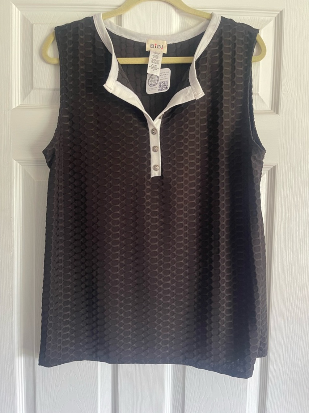 BiBi Black Tank Top with White Trim Henley Detail